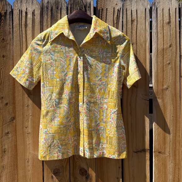 Vintage 70s Bright Yellow Geometric Printed Dagger Collar Button Down Shirt LG - Picture 6 of 12